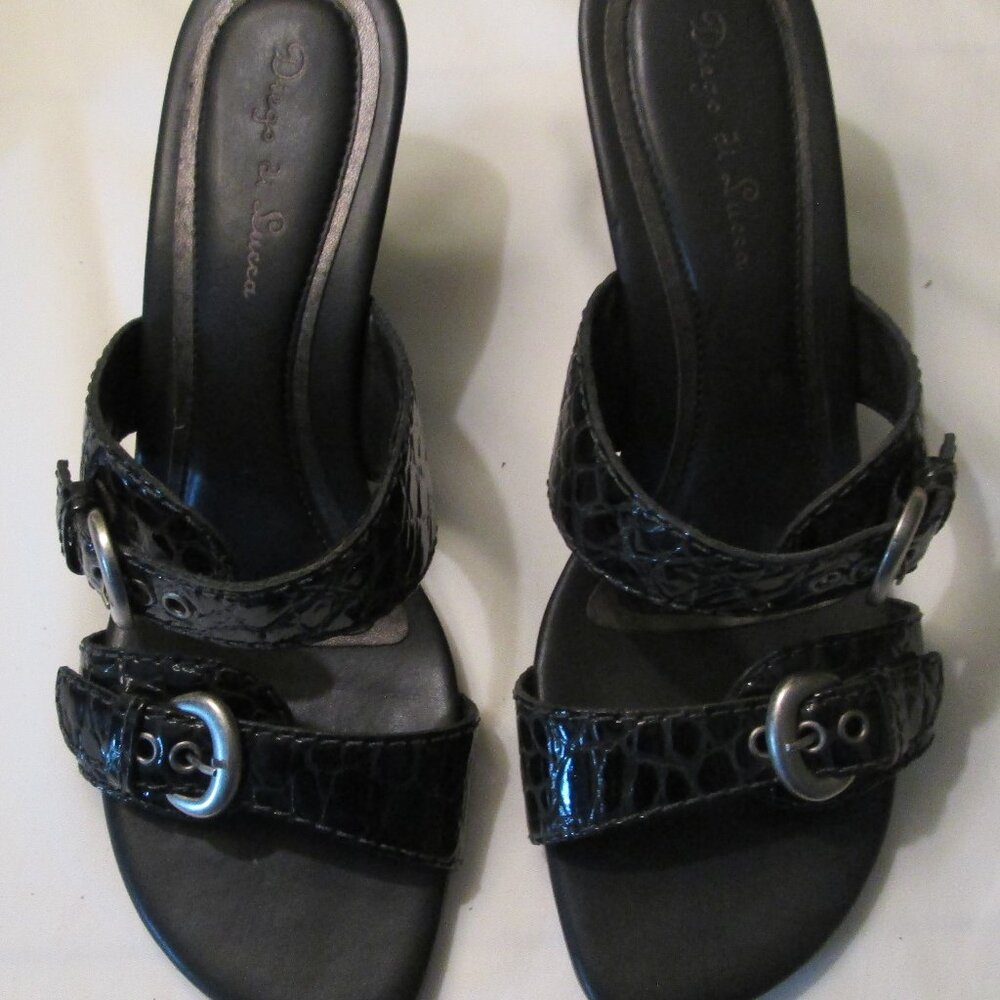 Diego De Luca Wedge Sandals, Size 10, Black Patent Croco, Made in Brazil